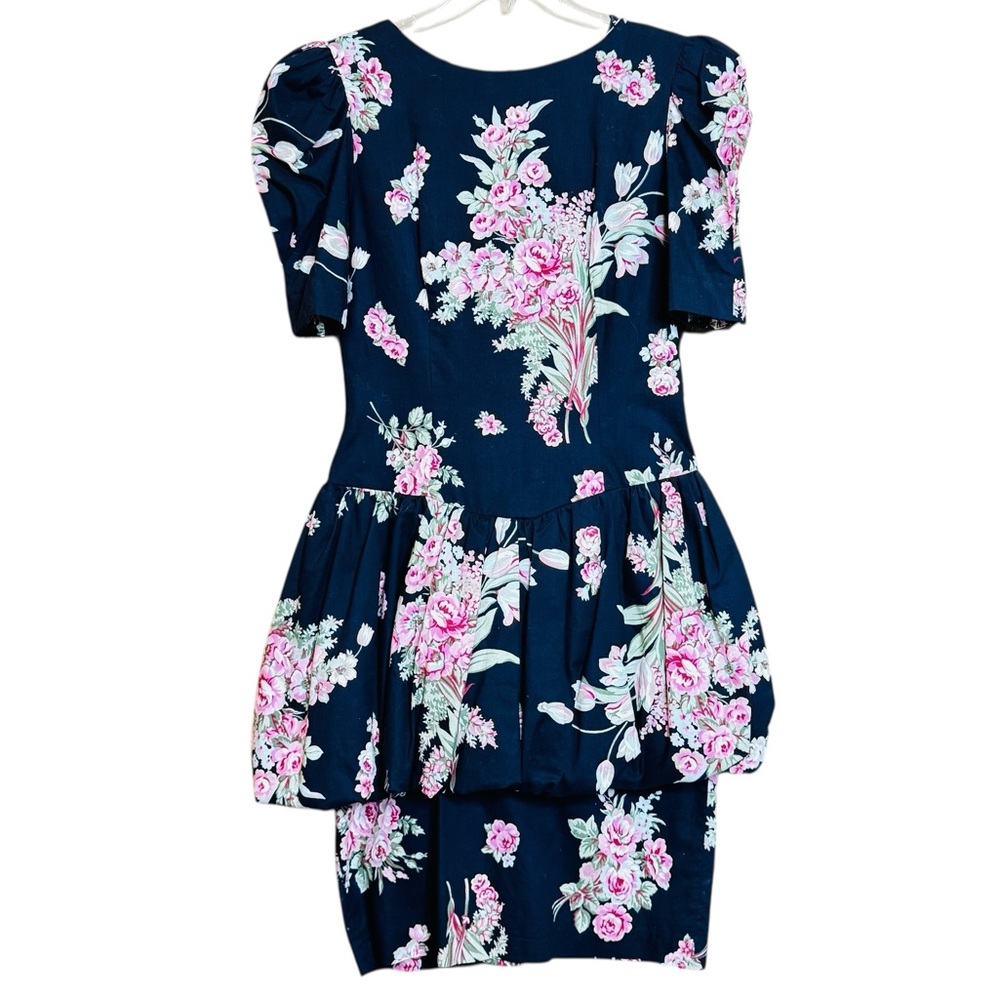 Vintage 80s Black Pink floral Drop Waist Bubble Puff Sleeve Cotton Dress S/M